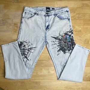 Waimea Jeans Skinny Fit Graffiti‎ Skull Stretch Acid Wash Men's 40x32 Distressed